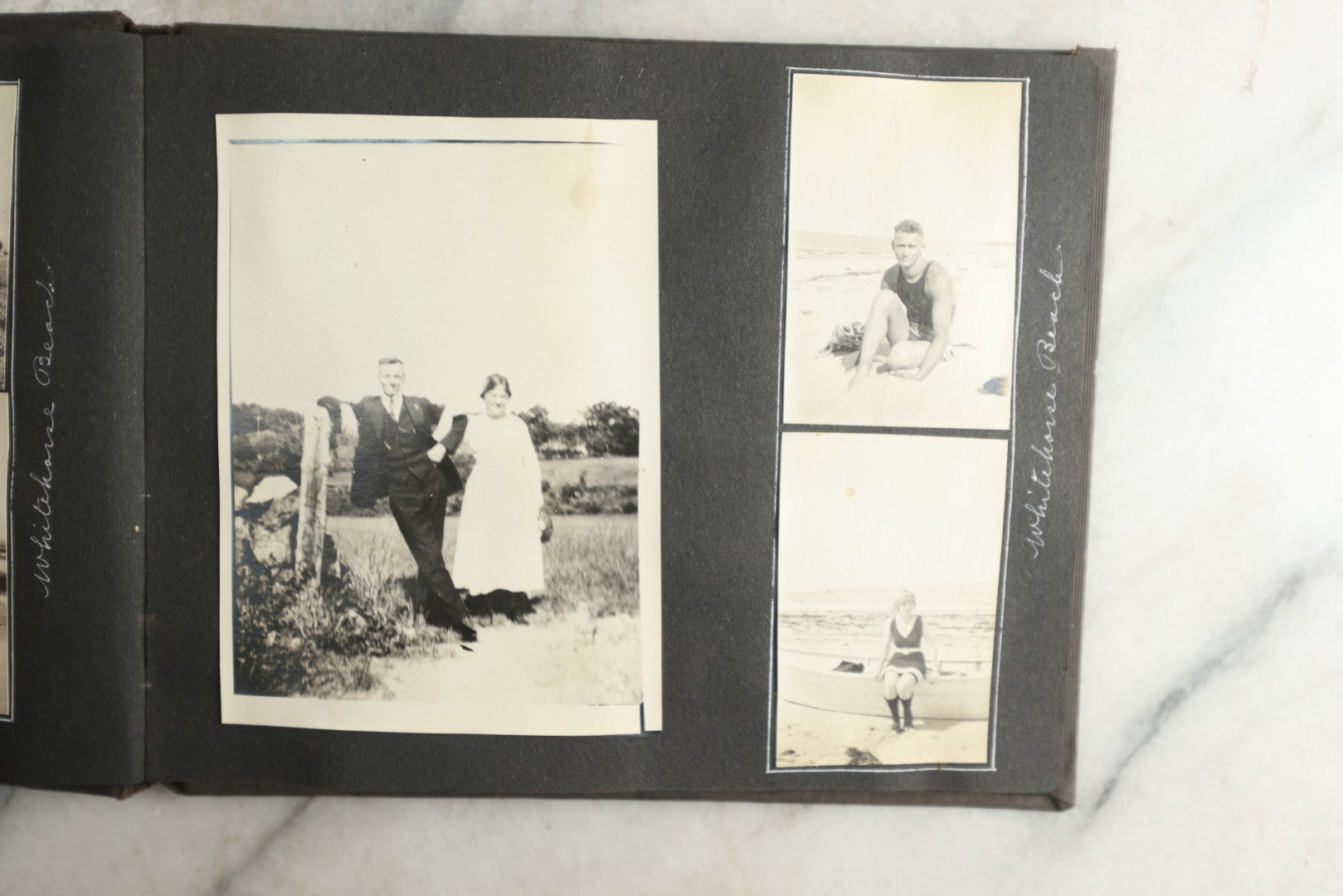 Lot 115 - Antique Snapshot Photo Album With Leather Containing Approximately 75 Photographs With Captions, Mostly Around New Hampshire, White Mountains, Whitehouse Beach, Photos Of People In Early Swimwear, Camping, Lighthouse, And More, Circa 1925