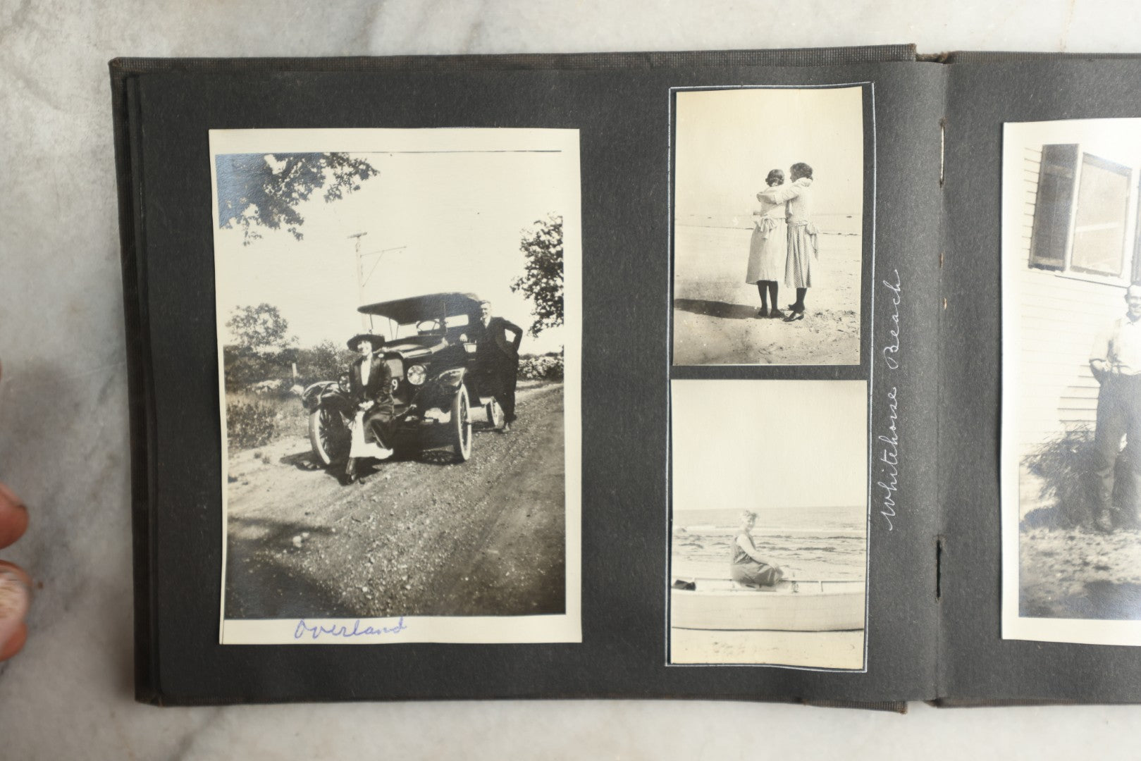 Lot 115 - Antique Snapshot Photo Album With Leather Containing Approximately 75 Photographs With Captions, Mostly Around New Hampshire, White Mountains, Whitehouse Beach, Photos Of People In Early Swimwear, Camping, Lighthouse, And More, Circa 1925