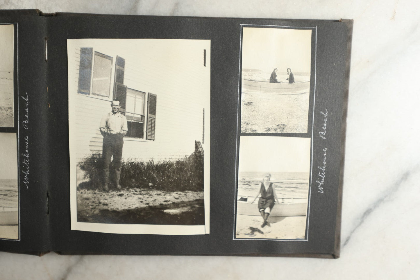 Lot 115 - Antique Snapshot Photo Album With Leather Containing Approximately 75 Photographs With Captions, Mostly Around New Hampshire, White Mountains, Whitehouse Beach, Photos Of People In Early Swimwear, Camping, Lighthouse, And More, Circa 1925