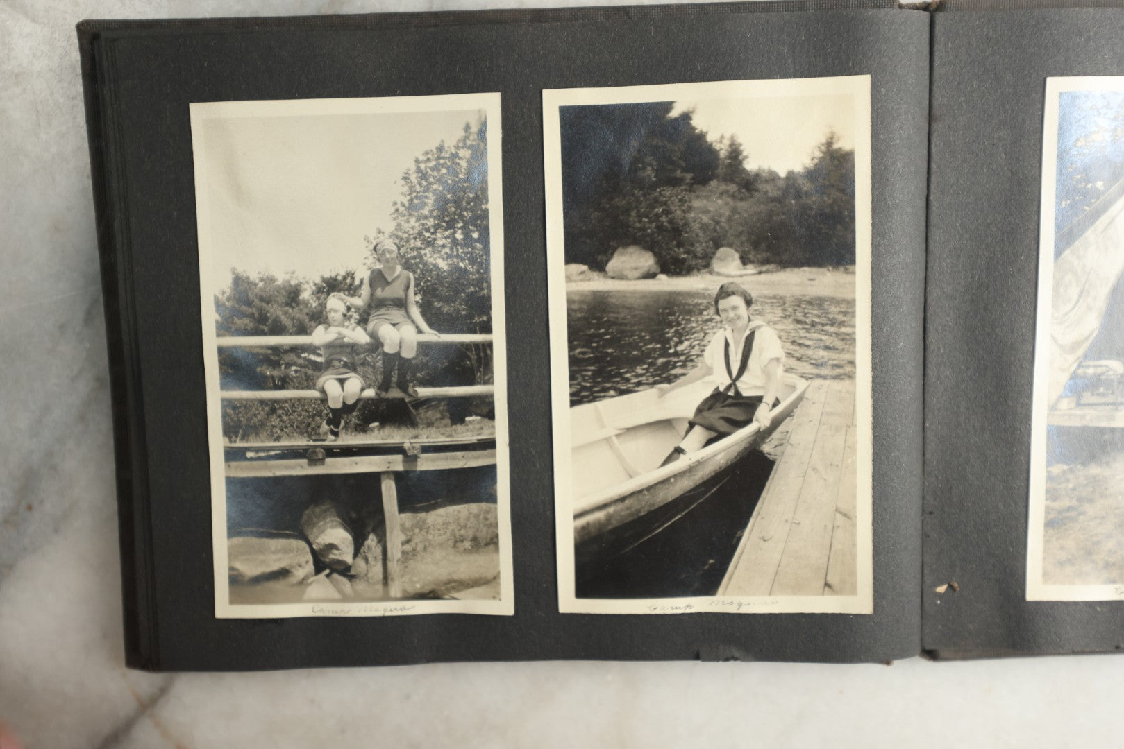 Lot 115 - Antique Snapshot Photo Album With Leather Containing Approximately 75 Photographs With Captions, Mostly Around New Hampshire, White Mountains, Whitehouse Beach, Photos Of People In Early Swimwear, Camping, Lighthouse, And More, Circa 1925
