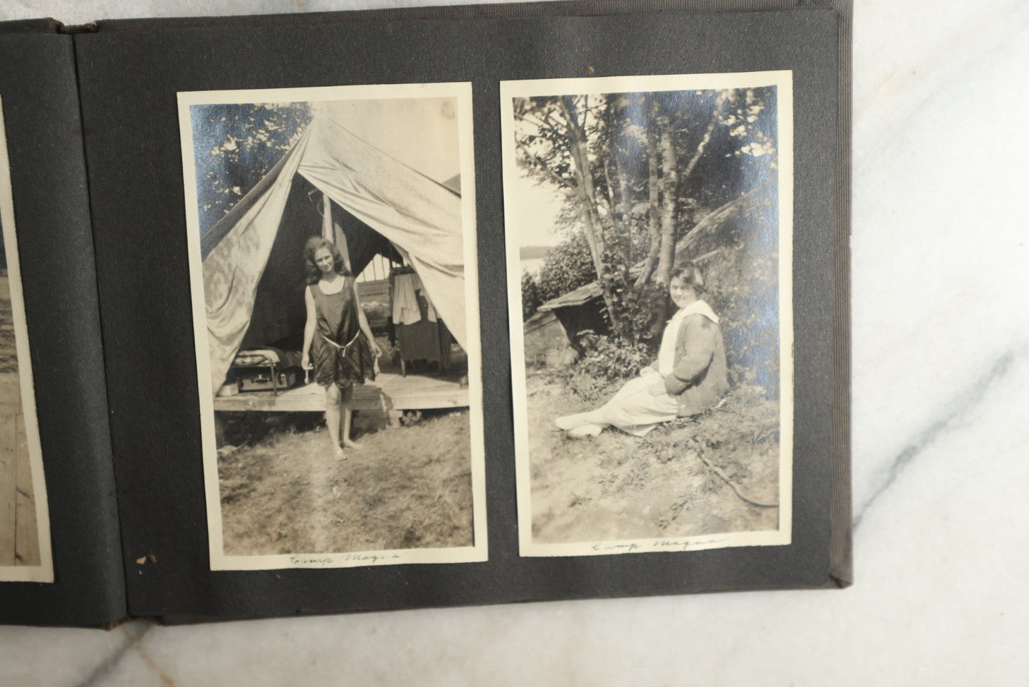 Lot 115 - Antique Snapshot Photo Album With Leather Containing Approximately 75 Photographs With Captions, Mostly Around New Hampshire, White Mountains, Whitehouse Beach, Photos Of People In Early Swimwear, Camping, Lighthouse, And More, Circa 1925