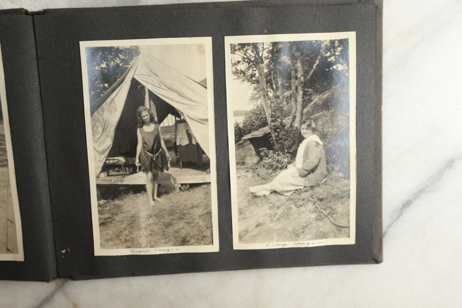 Lot 115 - Antique Snapshot Photo Album With Leather Containing Approximately 75 Photographs With Captions, Mostly Around New Hampshire, White Mountains, Whitehouse Beach, Photos Of People In Early Swimwear, Camping, Lighthouse, And More, Circa 1925