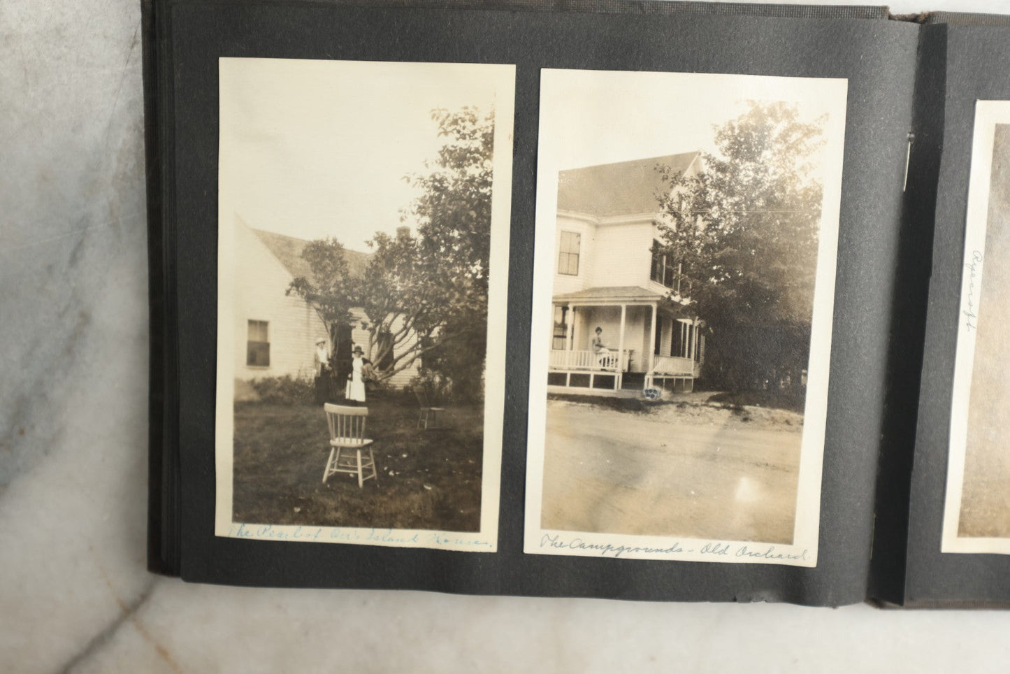 Lot 115 - Antique Snapshot Photo Album With Leather Containing Approximately 75 Photographs With Captions, Mostly Around New Hampshire, White Mountains, Whitehouse Beach, Photos Of People In Early Swimwear, Camping, Lighthouse, And More, Circa 1925