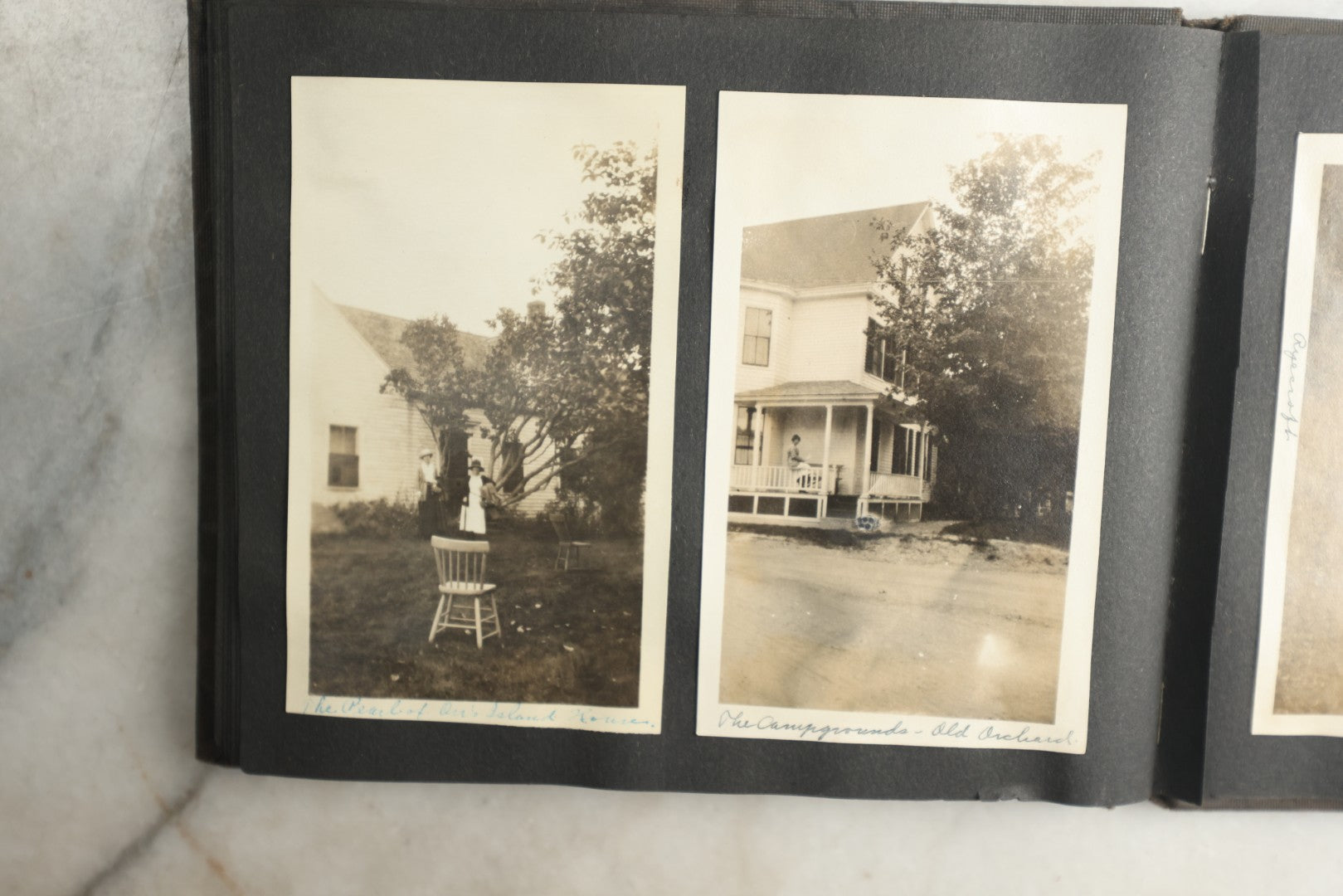Lot 115 - Antique Snapshot Photo Album With Leather Containing Approximately 75 Photographs With Captions, Mostly Around New Hampshire, White Mountains, Whitehouse Beach, Photos Of People In Early Swimwear, Camping, Lighthouse, And More, Circa 1925