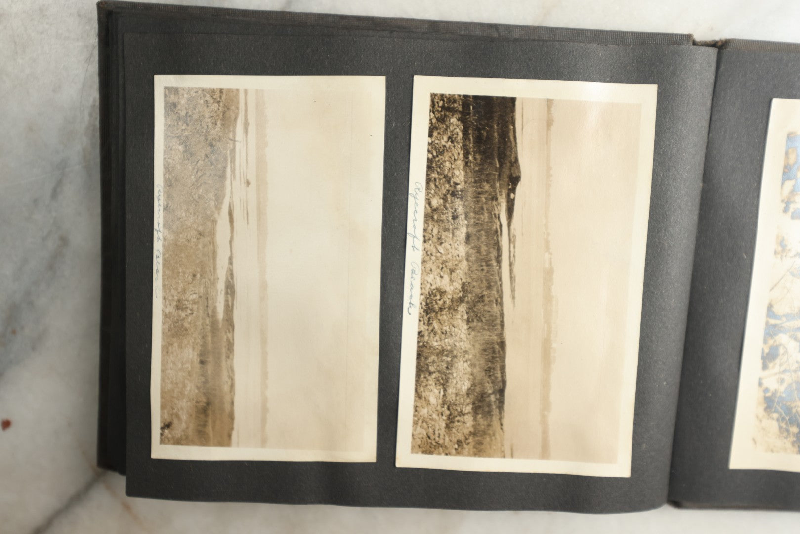 Lot 115 - Antique Snapshot Photo Album With Leather Containing Approximately 75 Photographs With Captions, Mostly Around New Hampshire, White Mountains, Whitehouse Beach, Photos Of People In Early Swimwear, Camping, Lighthouse, And More, Circa 1925