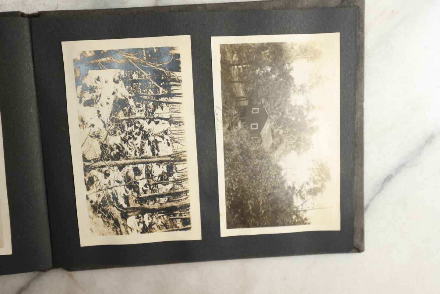 Lot 115 - Antique Snapshot Photo Album With Leather Containing Approximately 75 Photographs With Captions, Mostly Around New Hampshire, White Mountains, Whitehouse Beach, Photos Of People In Early Swimwear, Camping, Lighthouse, And More, Circa 1925