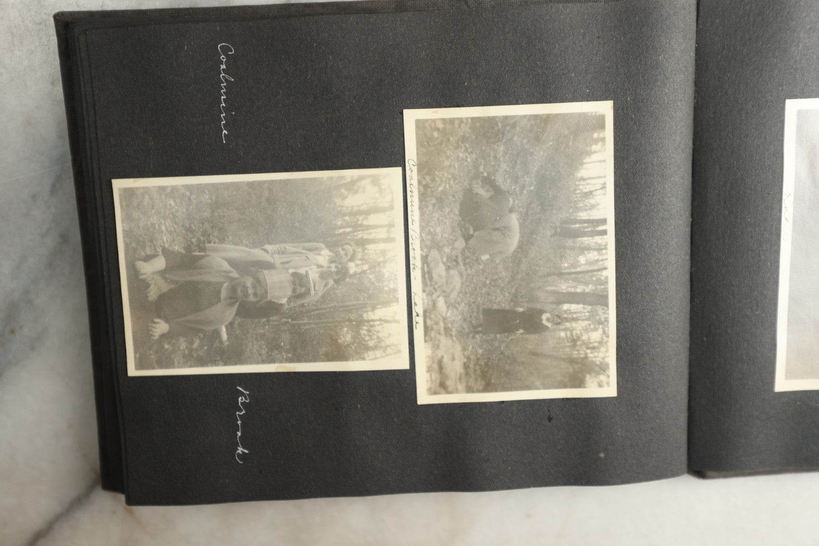 Lot 115 - Antique Snapshot Photo Album With Leather Containing Approximately 75 Photographs With Captions, Mostly Around New Hampshire, White Mountains, Whitehouse Beach, Photos Of People In Early Swimwear, Camping, Lighthouse, And More, Circa 1925