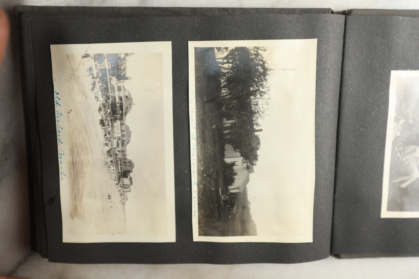 Lot 115 - Antique Snapshot Photo Album With Leather Containing Approximately 75 Photographs With Captions, Mostly Around New Hampshire, White Mountains, Whitehouse Beach, Photos Of People In Early Swimwear, Camping, Lighthouse, And More, Circa 1925
