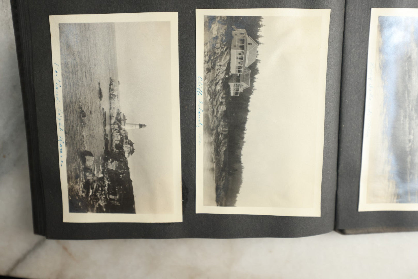 Lot 115 - Antique Snapshot Photo Album With Leather Containing Approximately 75 Photographs With Captions, Mostly Around New Hampshire, White Mountains, Whitehouse Beach, Photos Of People In Early Swimwear, Camping, Lighthouse, And More, Circa 1925