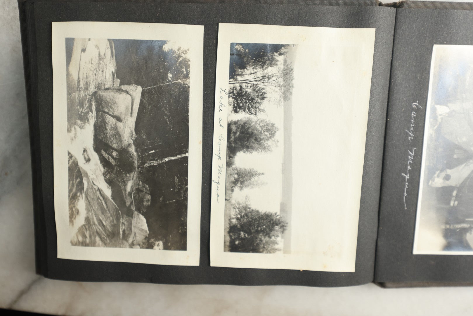 Lot 115 - Antique Snapshot Photo Album With Leather Containing Approximately 75 Photographs With Captions, Mostly Around New Hampshire, White Mountains, Whitehouse Beach, Photos Of People In Early Swimwear, Camping, Lighthouse, And More, Circa 1925