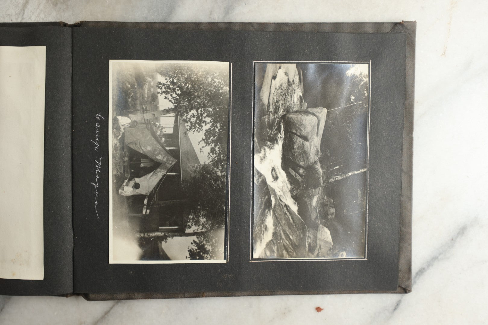Lot 115 - Antique Snapshot Photo Album With Leather Containing Approximately 75 Photographs With Captions, Mostly Around New Hampshire, White Mountains, Whitehouse Beach, Photos Of People In Early Swimwear, Camping, Lighthouse, And More, Circa 1925