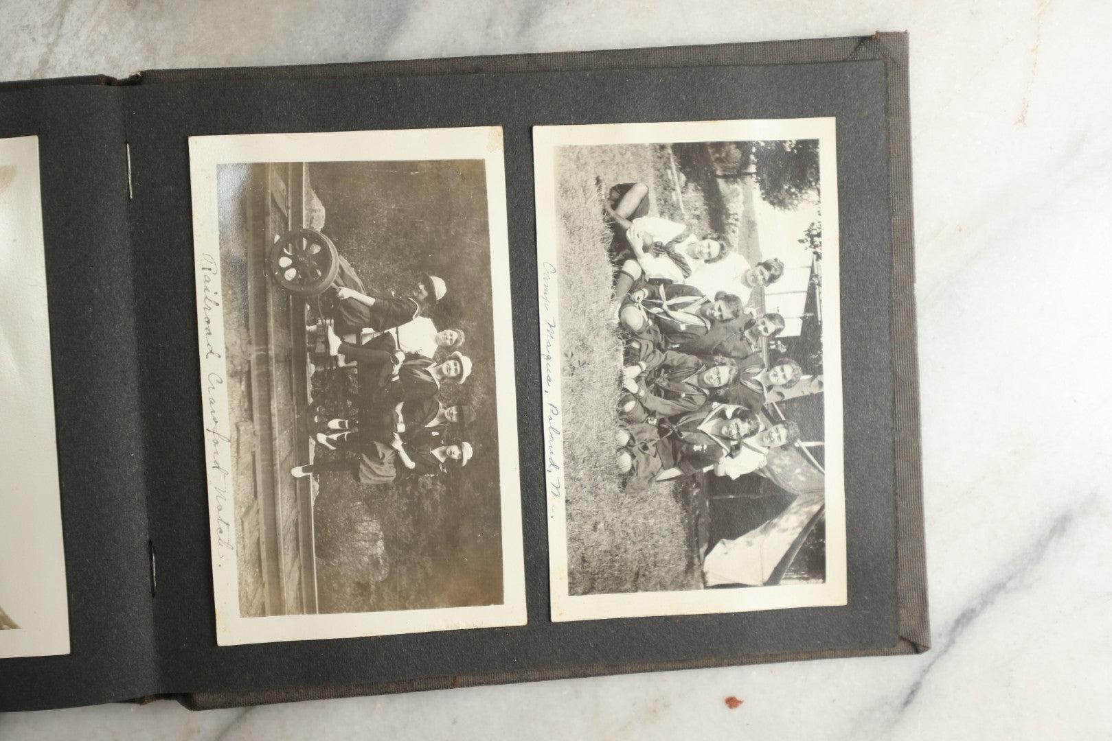 Lot 115 - Antique Snapshot Photo Album With Leather Containing Approximately 75 Photographs With Captions, Mostly Around New Hampshire, White Mountains, Whitehouse Beach, Photos Of People In Early Swimwear, Camping, Lighthouse, And More, Circa 1925