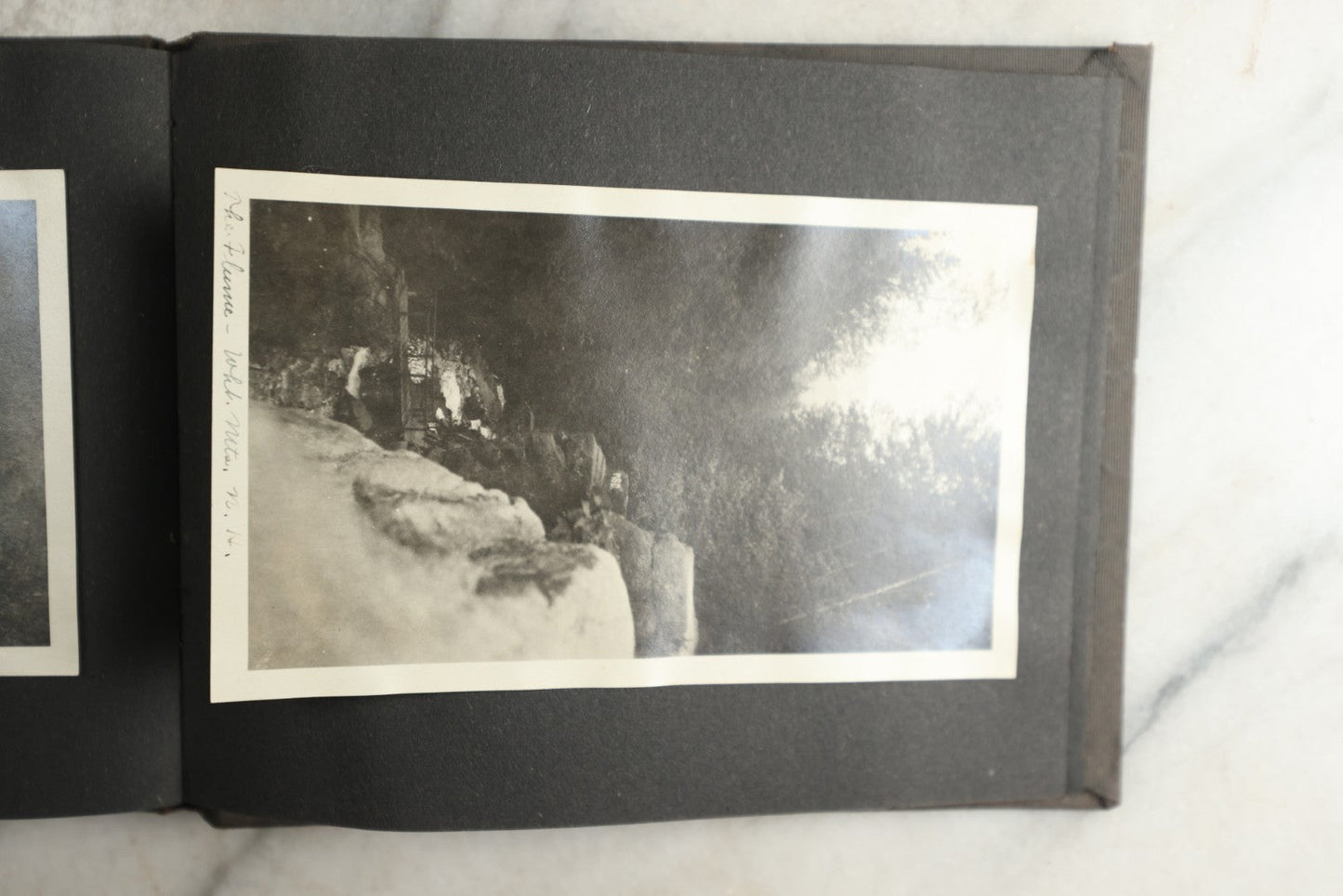 Lot 115 - Antique Snapshot Photo Album With Leather Containing Approximately 75 Photographs With Captions, Mostly Around New Hampshire, White Mountains, Whitehouse Beach, Photos Of People In Early Swimwear, Camping, Lighthouse, And More, Circa 1925