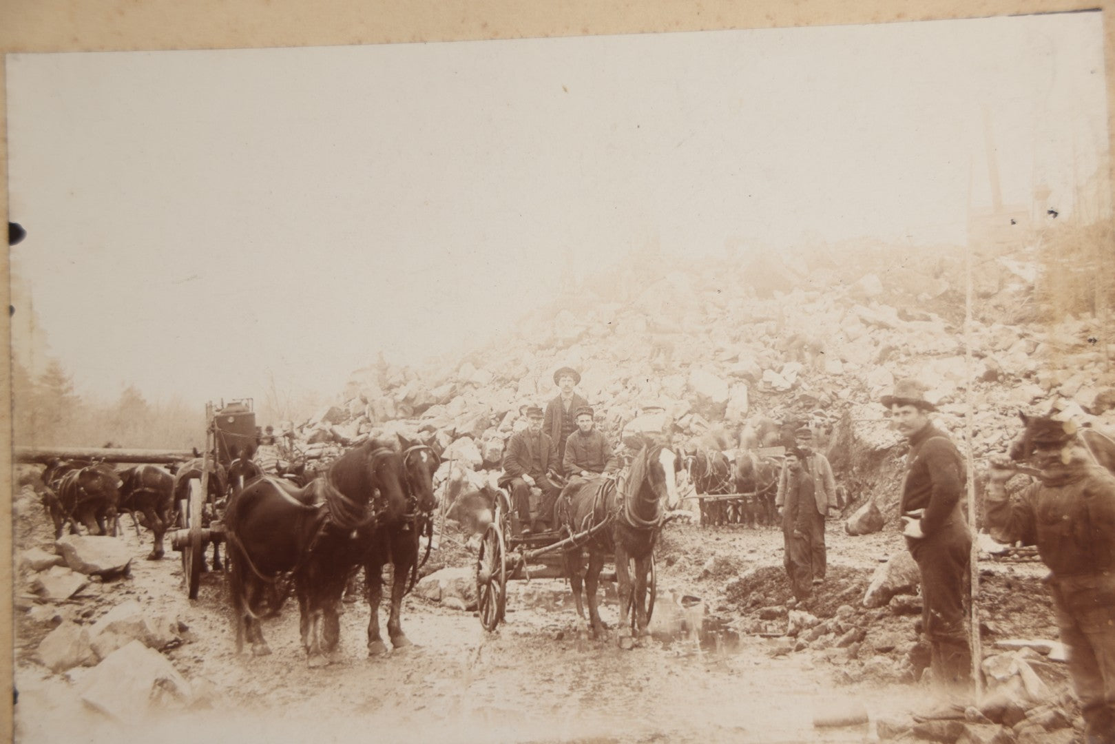 Lot 128 - Antique Boarded Occupational Photograph Of Loggers At Work, Many Horses In Frame