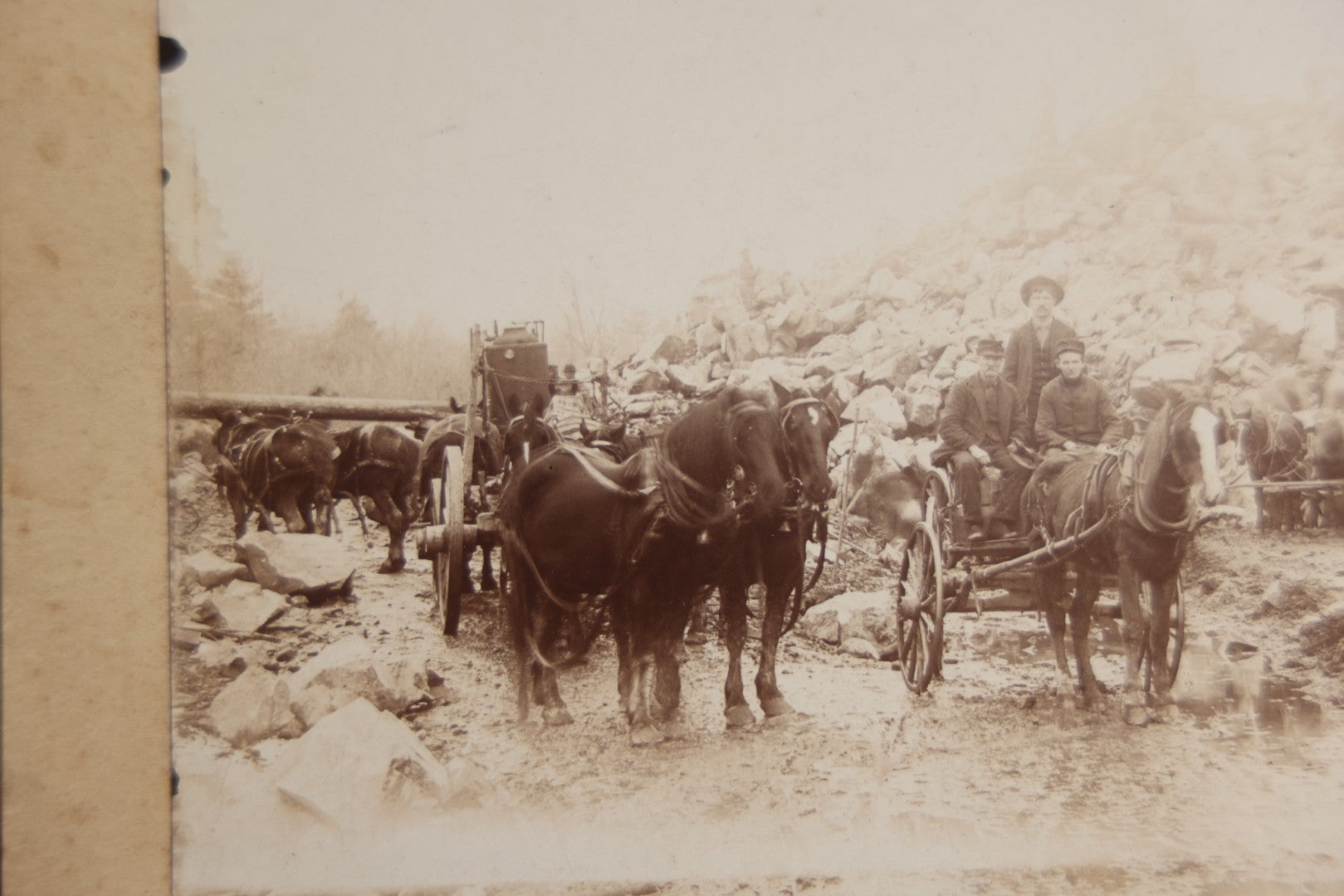 Lot 128 - Antique Boarded Occupational Photograph Of Loggers At Work, Many Horses In Frame