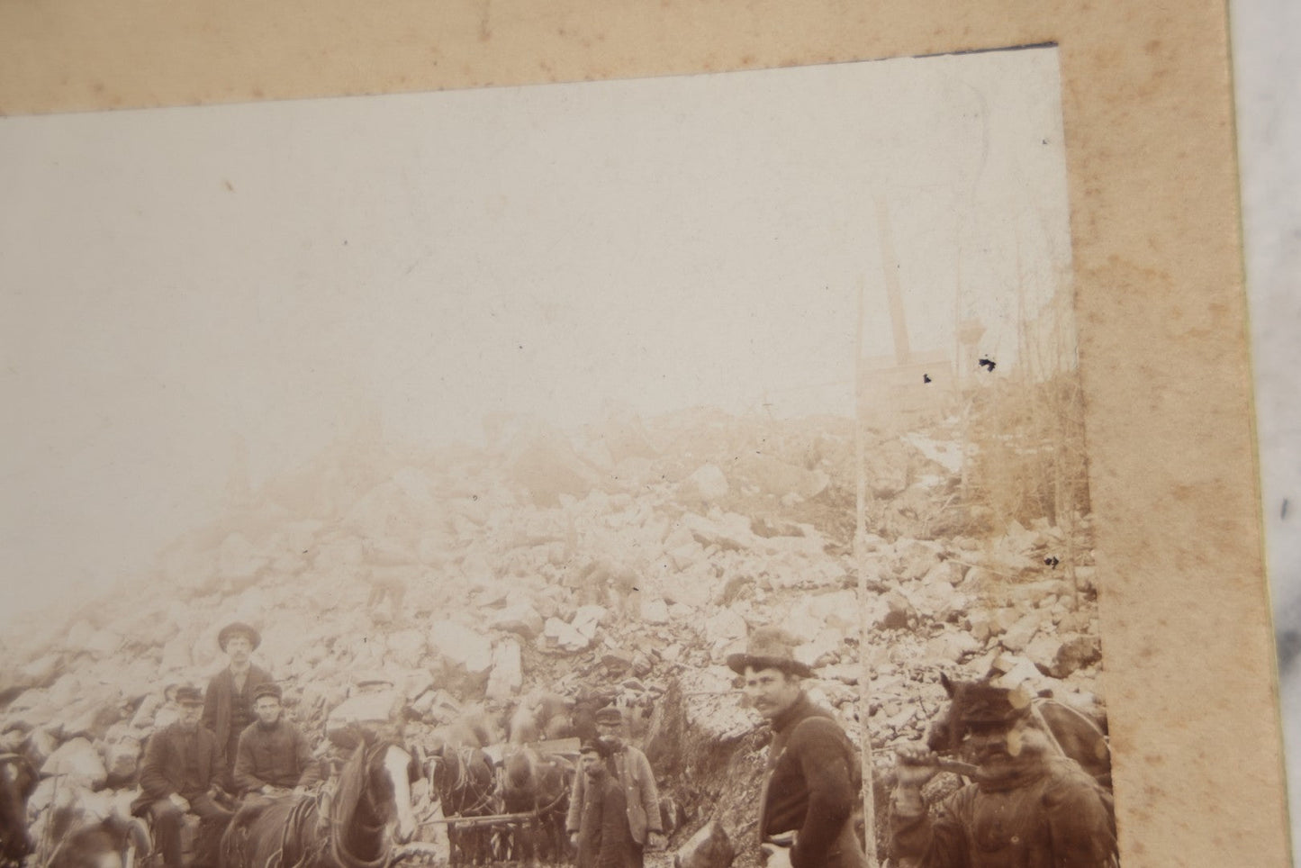 Lot 128 - Antique Boarded Occupational Photograph Of Loggers At Work, Many Horses In Frame