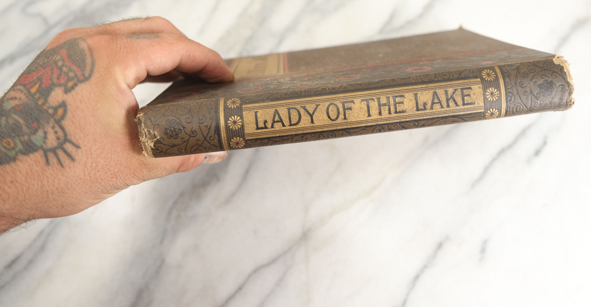 Lot 134 - "The Lady Of The Lake" Antique Poetry Book By Sir Walter Scott, Illustrated, Decorative Brown Cloth Boards With Red And Black Floral And Scroll Design, Gilt Title Panel, Nims & Knight, Publishers, Troy, N.Y., 1884