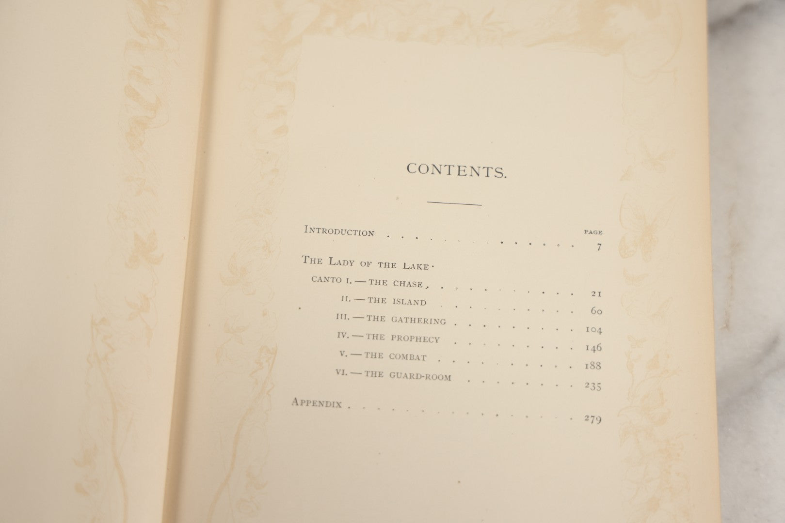 Lot 134 - "The Lady Of The Lake" Antique Poetry Book By Sir Walter Scott, Illustrated, Decorative Brown Cloth Boards With Red And Black Floral And Scroll Design, Gilt Title Panel, Nims & Knight, Publishers, Troy, N.Y., 1884