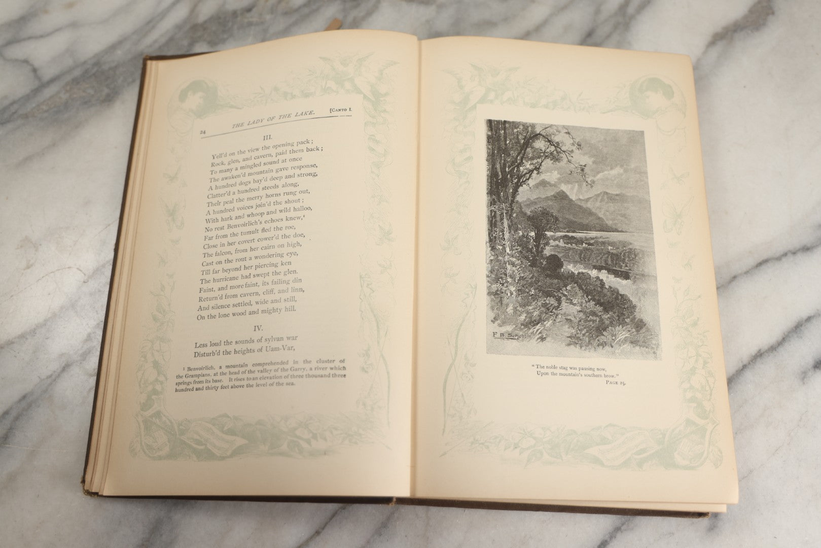 Lot 134 - "The Lady Of The Lake" Antique Poetry Book By Sir Walter Scott, Illustrated, Decorative Brown Cloth Boards With Red And Black Floral And Scroll Design, Gilt Title Panel, Nims & Knight, Publishers, Troy, N.Y., 1884