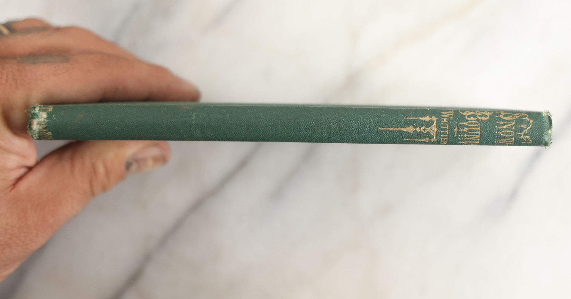 Lot 142 - "Snow-Bound: A Winter Idyl" Antique Poetry Book By John Greenleaf Whittier, Illustrated With Engraved Frontispiece Of Winter Homestead Scene, Decorative Green Cloth Boards With Gilt Title Cartouche, Ticknor And Fields, Publishers, Boston, 1867