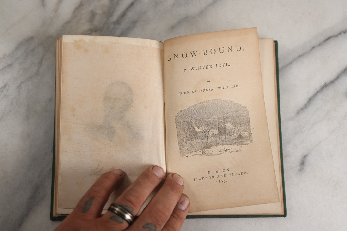 Lot 142 - "Snow-Bound: A Winter Idyl" Antique Poetry Book By John Greenleaf Whittier, Illustrated With Engraved Frontispiece Of Winter Homestead Scene, Decorative Green Cloth Boards With Gilt Title Cartouche, Ticknor And Fields, Publishers, Boston, 1867