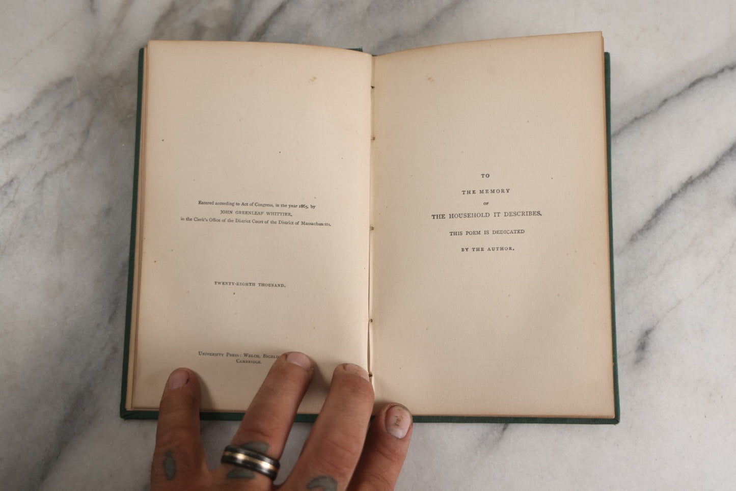 Lot 142 - "Snow-Bound: A Winter Idyl" Antique Poetry Book By John Greenleaf Whittier, Illustrated With Engraved Frontispiece Of Winter Homestead Scene, Decorative Green Cloth Boards With Gilt Title Cartouche, Ticknor And Fields, Publishers, Boston, 1867