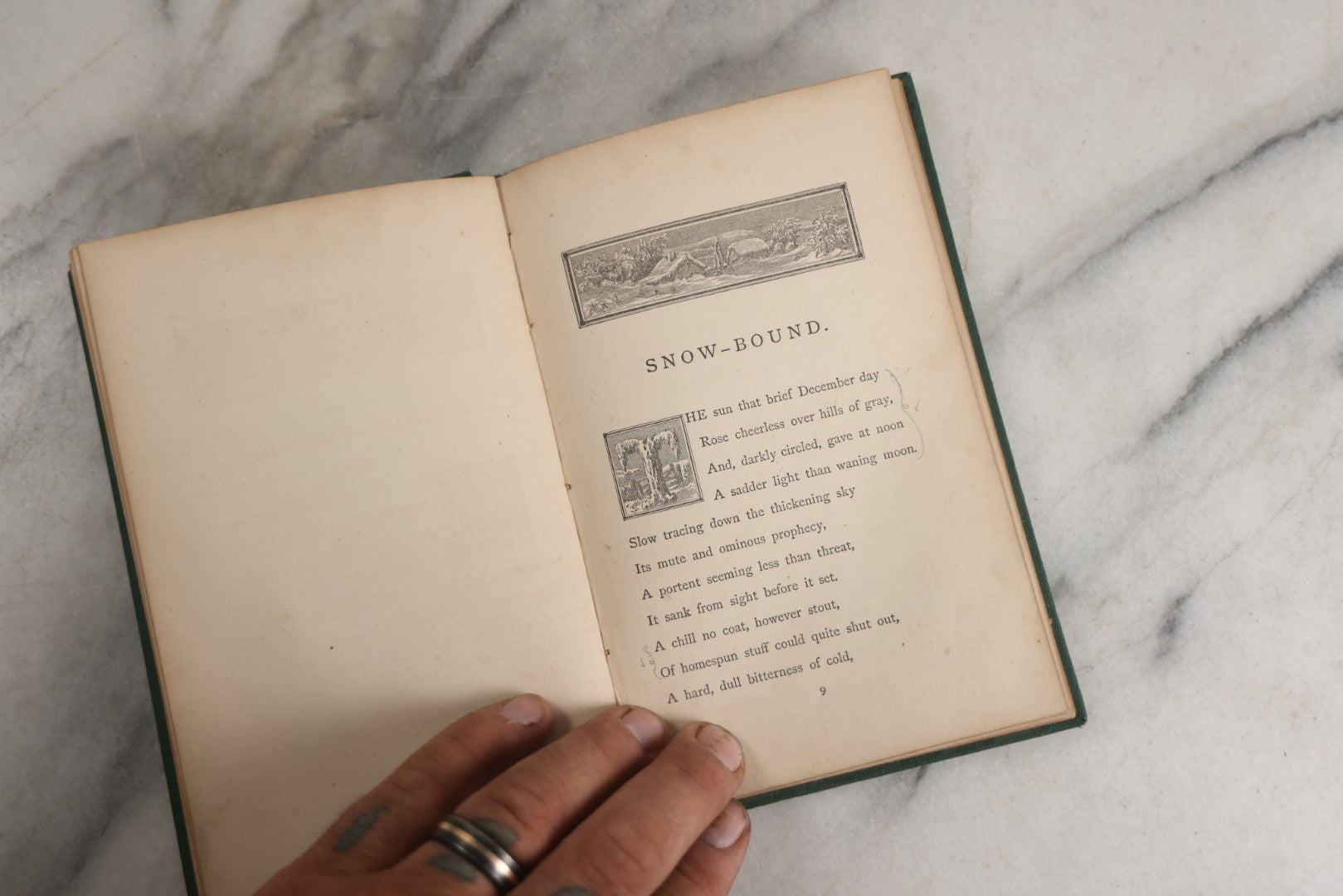 Lot 142 - "Snow-Bound: A Winter Idyl" Antique Poetry Book By John Greenleaf Whittier, Illustrated With Engraved Frontispiece Of Winter Homestead Scene, Decorative Green Cloth Boards With Gilt Title Cartouche, Ticknor And Fields, Publishers, Boston, 1867