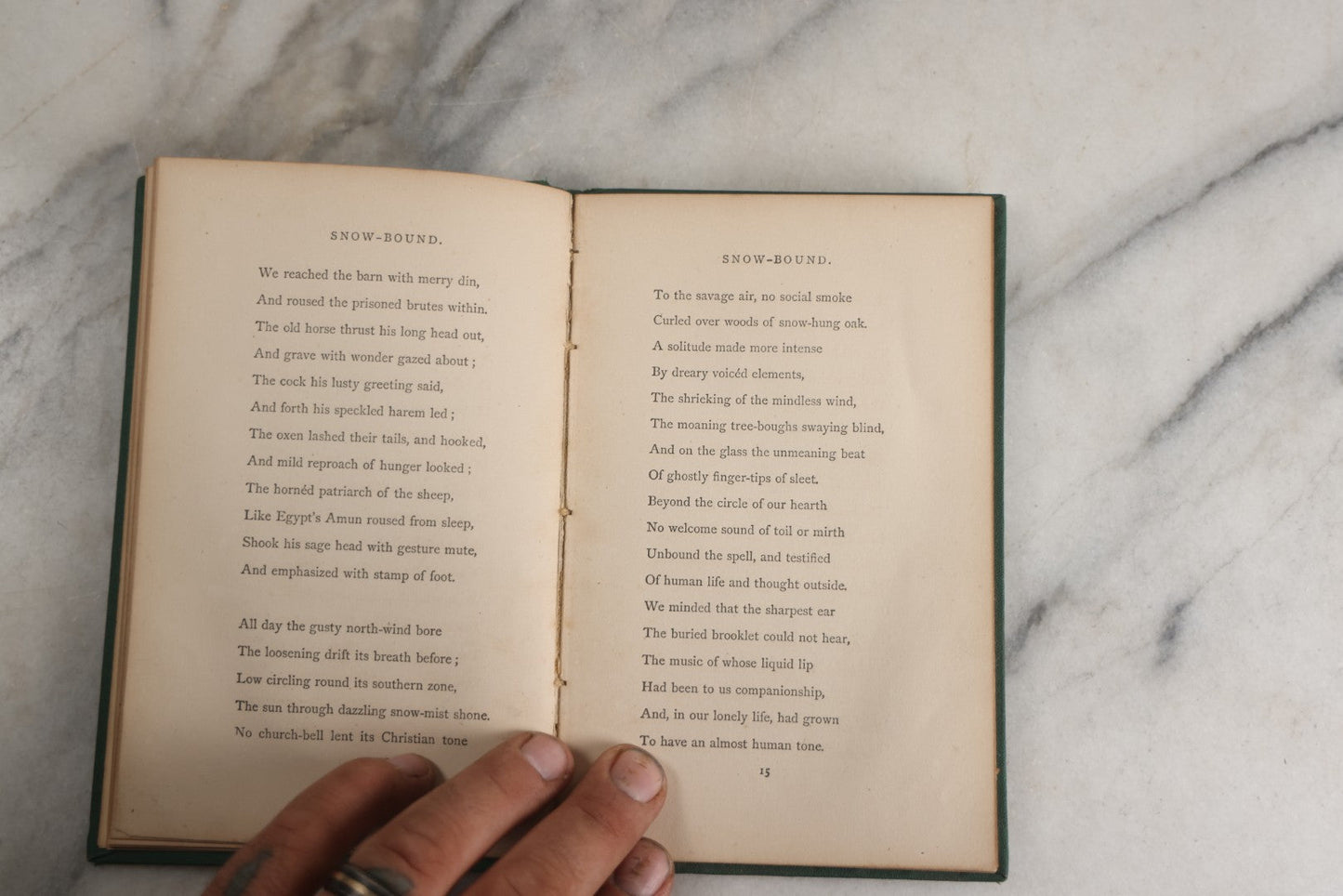 Lot 142 - "Snow-Bound: A Winter Idyl" Antique Poetry Book By John Greenleaf Whittier, Illustrated With Engraved Frontispiece Of Winter Homestead Scene, Decorative Green Cloth Boards With Gilt Title Cartouche, Ticknor And Fields, Publishers, Boston, 1867