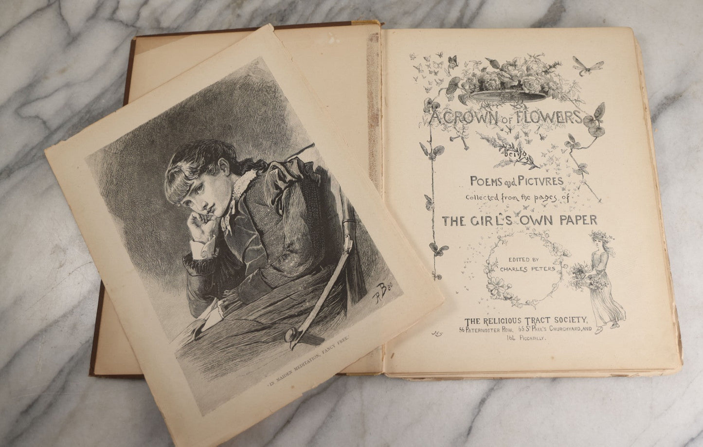 Lot 144 - "A Crown Of Flowers" Antique Poetry Book, Collected Poems And Pictures From The Girl’S Own Paper, Edited By Charles Peters, Illustrated With Engravings, The Religious Tract Society, Publishers, London, Circa Late 19th Century