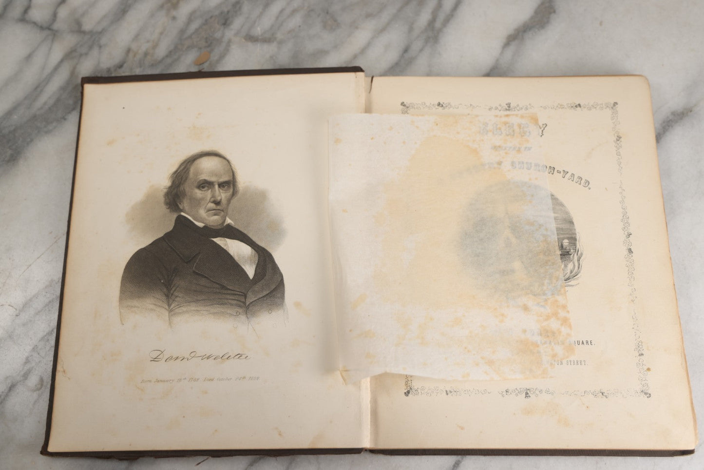 Lot 145 - "Elegy Written In A Country Churchyard" Antique Poetry Book By Thomas Gray, Illustrated With Engravings, Daniel Webster Memorial, Decorative Brown Cloth Boards With Gilt Cartouche, W.P. Fetridge & Co., Publishers, New York And Boston, 1860