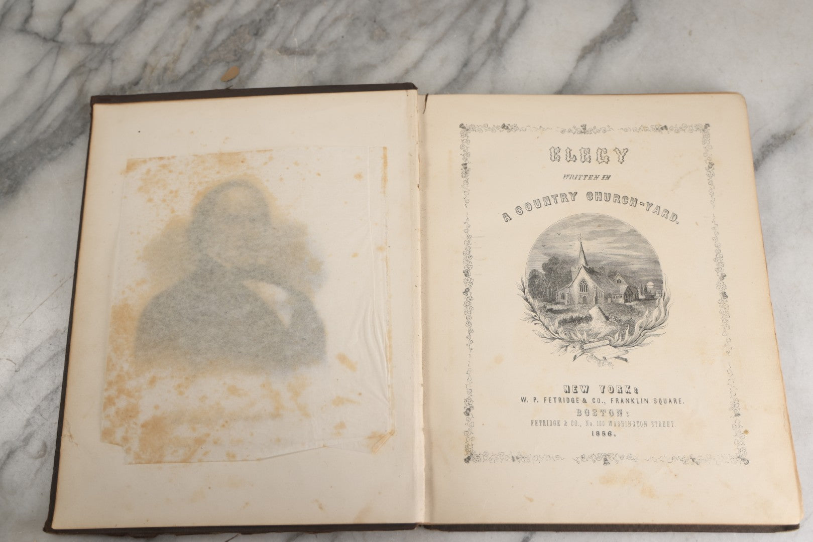 Lot 145 - "Elegy Written In A Country Churchyard" Antique Poetry Book By Thomas Gray, Illustrated With Engravings, Daniel Webster Memorial, Decorative Brown Cloth Boards With Gilt Cartouche, W.P. Fetridge & Co., Publishers, New York And Boston, 1861