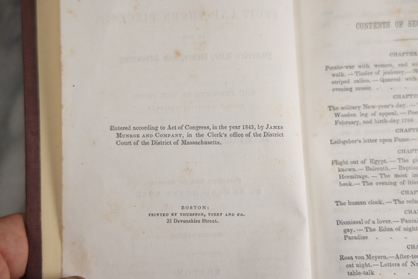 Lot 148 - "Flower, Fruit And Thorn Pieces: Married Life, Death, And Wedding" Antique Book By Jean Paul Friedrich Richter, Translated From The German By Edward Henry Noel, Second Series, James Munro And Company, Publisher, Boston, 1845