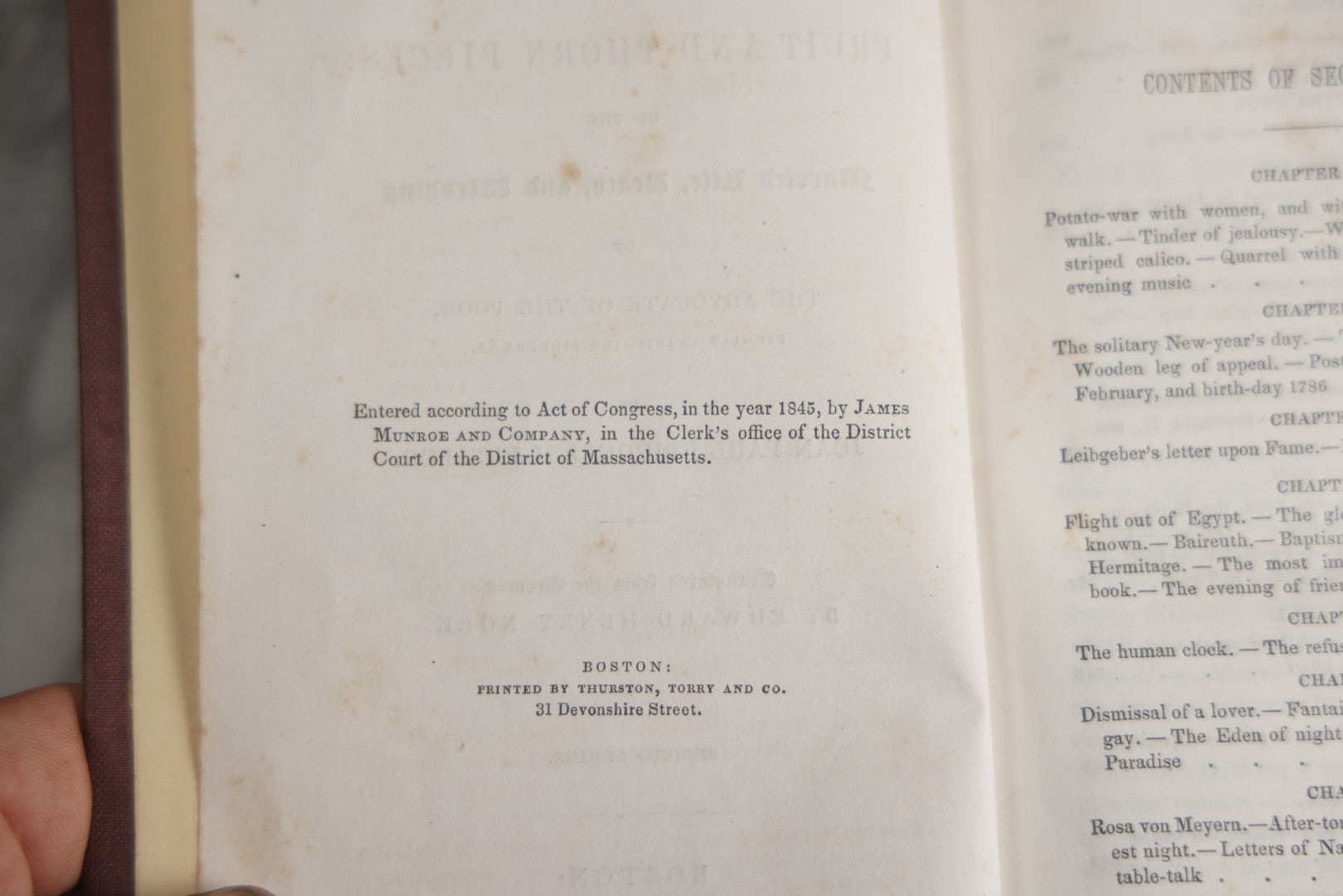 Lot 148 - "Flower, Fruit And Thorn Pieces: Married Life, Death, And Wedding" Antique Book By Jean Paul Friedrich Richter, Translated From The German By Edward Henry Noel, Second Series, James Munro And Company, Publisher, Boston, 1845