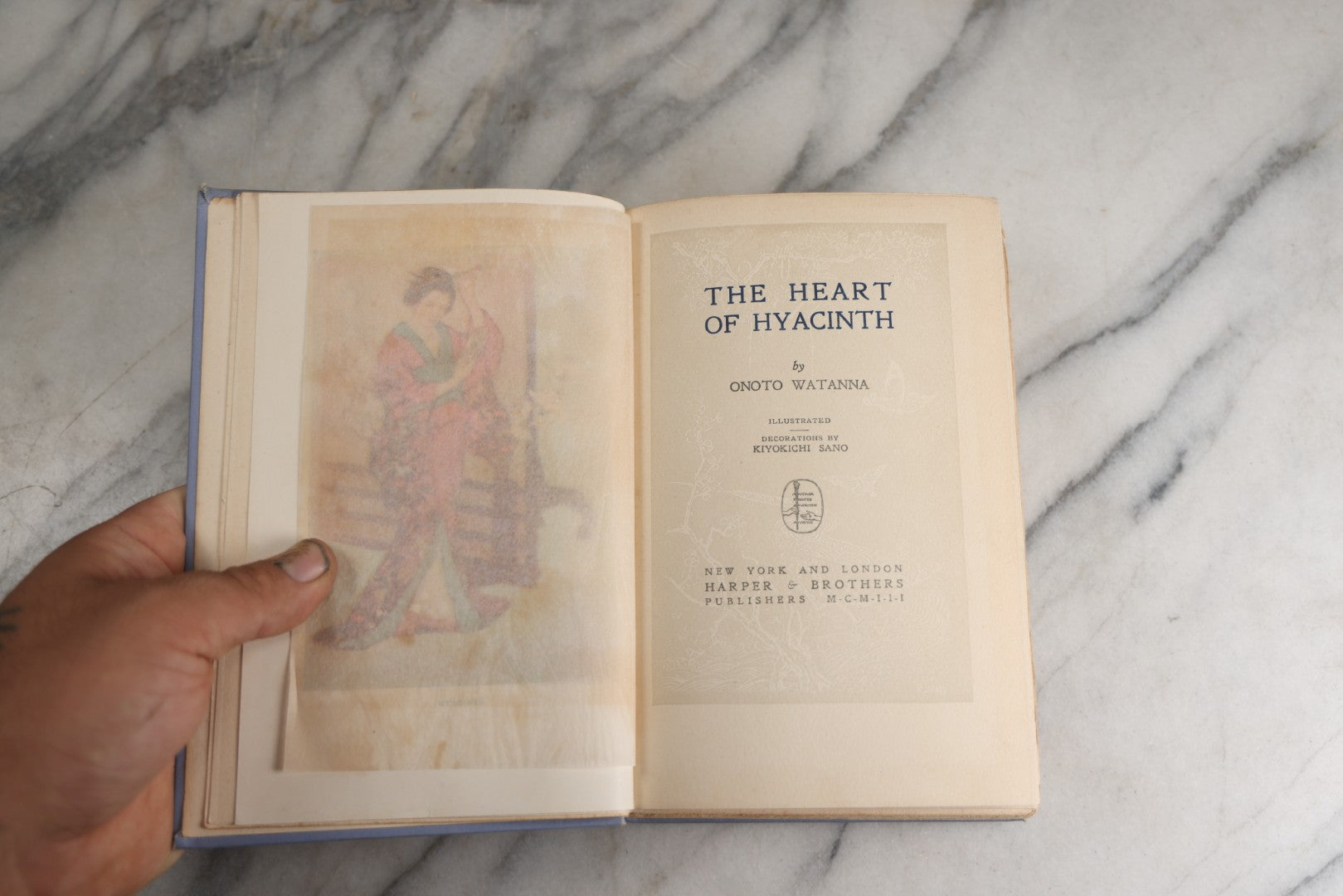 Lot 159 - "The Heart Of Hyacinth" Antique Book By Onoto Watanna, Illustrated With Decorations By Kokichi Sano, Light Blue Cloth Boards With White And Green Floral Design And Gilt Titles, Harper & Brothers, Publishers, New York And London, 1903
