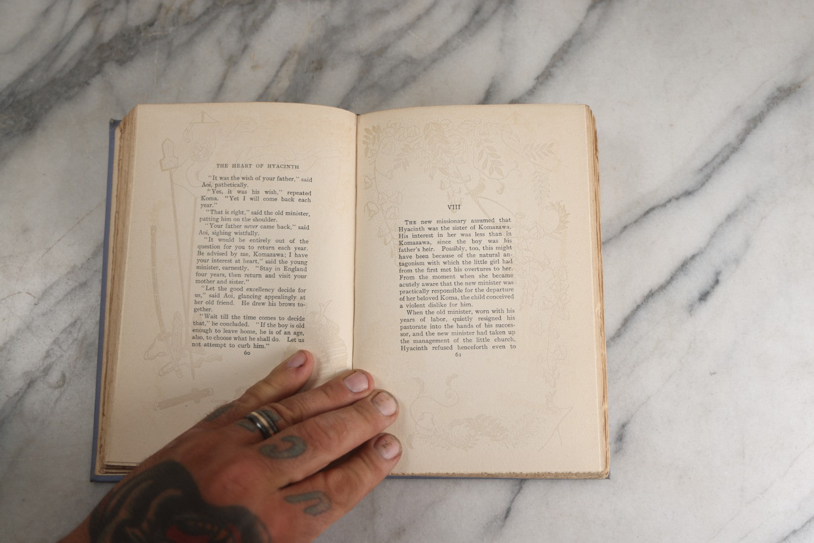 Lot 159 - "The Heart Of Hyacinth" Antique Book By Onoto Watanna, Illustrated With Decorations By Kokichi Sano, Light Blue Cloth Boards With White And Green Floral Design And Gilt Titles, Harper & Brothers, Publishers, New York And London, 1903