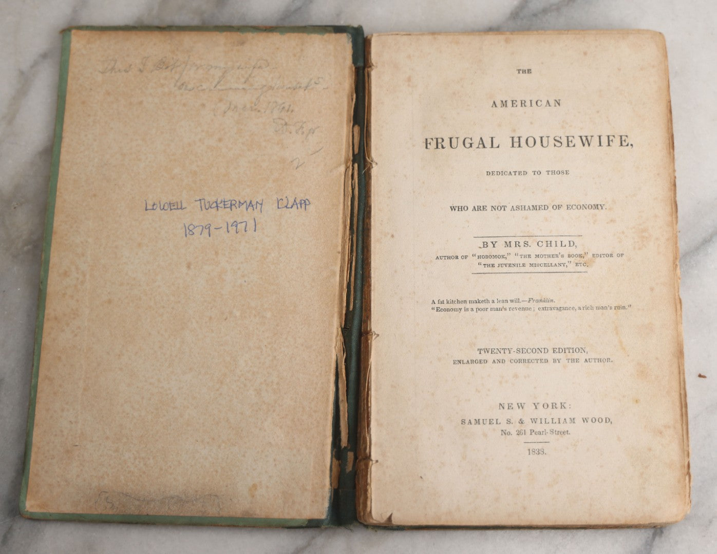 Lot 163 - "The American Frugal Housewife" Antique Household Economy Book By Mrs. Child, Illustrated With Meat Cut Diagrams For Mutton, Pork, Veal, And Beef, Samuel S. & William Wood, Publishers, New York, 1833