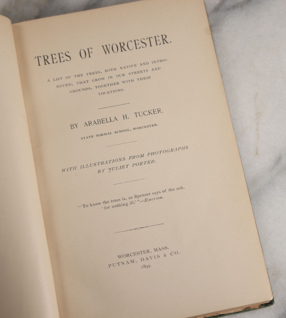 Lot 179 - "Trees Of Worcester" Antique Local Botanical Reference Book By Arabella H. Tucker, With Photographs By Juliet Porter, Gilt-Stamped Green Cloth Boards With Decorative Tree Motif, Putnam, Davis & Co., Publishers, Worcester, Massachusetts, 1894
