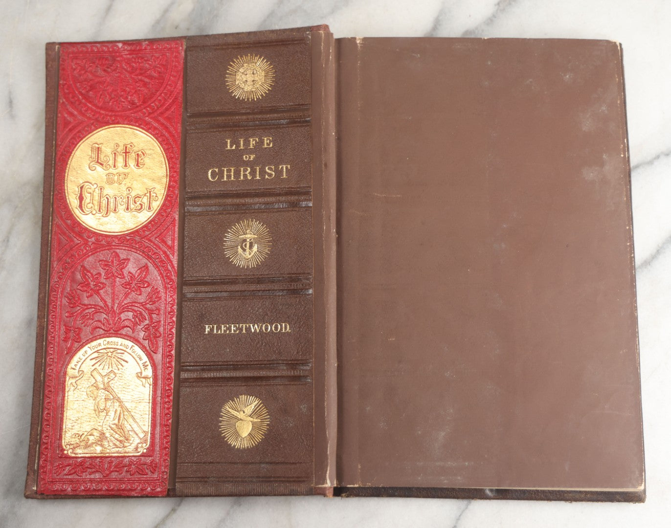 Lot 181 - "Life Of Christ" Antique Salesman’S Dummy Book By Rev. John Fleetwood, D.D., Profusely Illustrated With Engraved Plates, Ornate Gilt-Embossed Leather Boards With Decorative Spine And Sample Bindings, Bradley & Co., Philadelphia, 1870