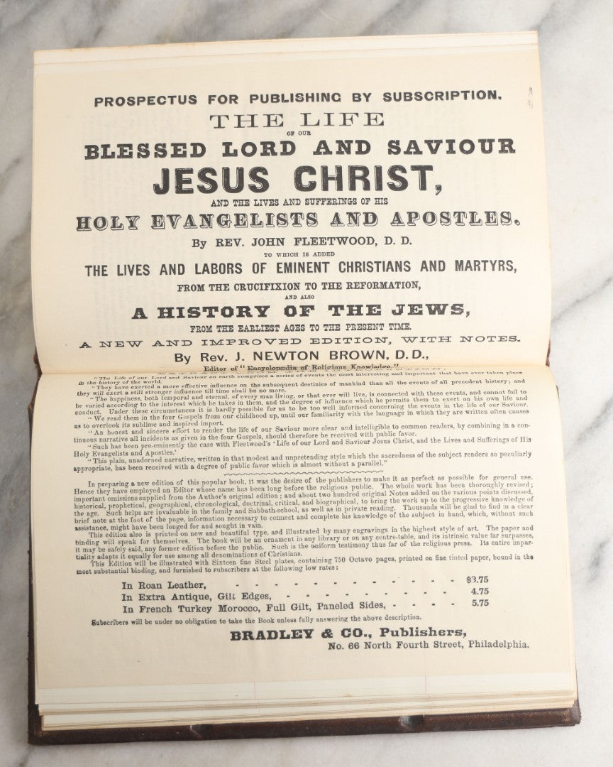 Lot 181 - "Life Of Christ" Antique Salesman’S Dummy Book By Rev. John Fleetwood, D.D., Profusely Illustrated With Engraved Plates, Ornate Gilt-Embossed Leather Boards With Decorative Spine And Sample Bindings, Bradley & Co., Philadelphia, 1870