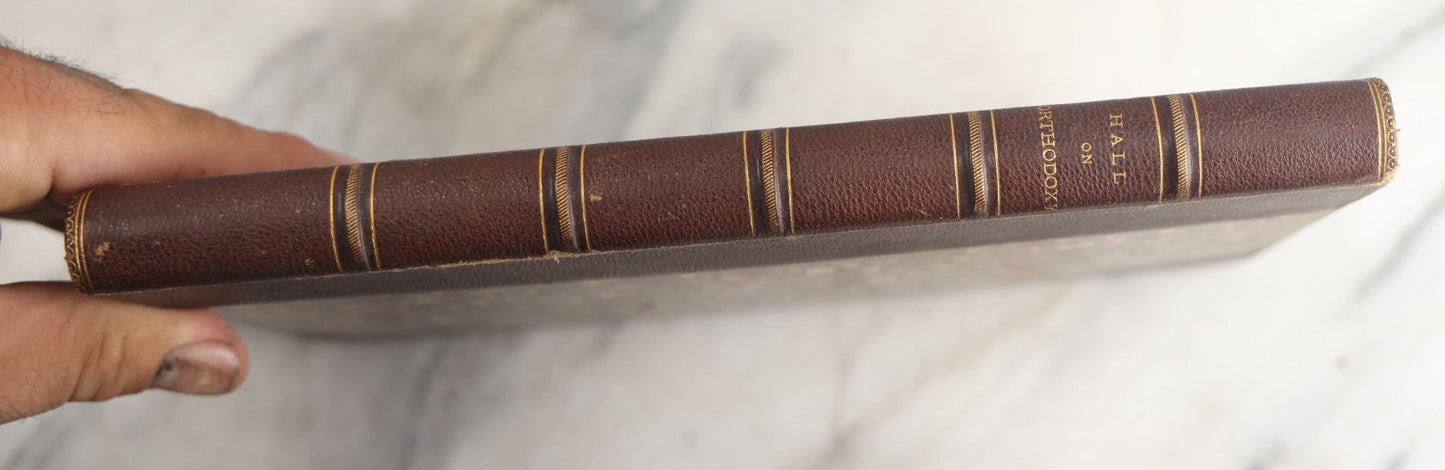 Lot 182 - "Ten Lectures On Orthodoxy And Heresy In The Christian Church" Antique Religious Book By Edward H. Hall, Privately Printed By Charles Hamilton, Palladium Office, Worcester, 1874, In Fine Period Half Leather Binding With Marbled Boards