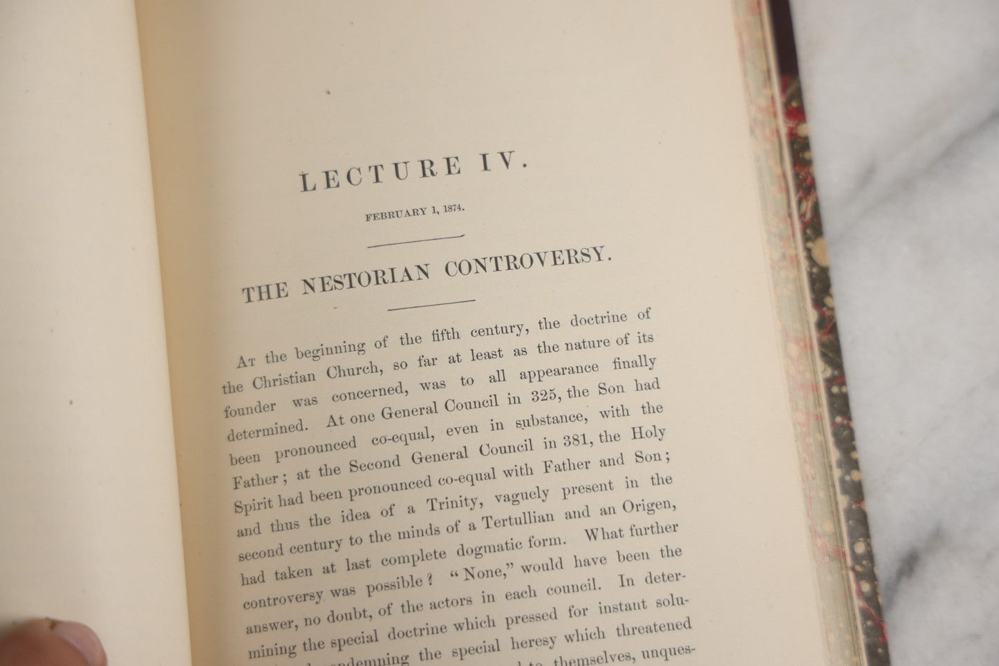 Lot 182 - "Ten Lectures On Orthodoxy And Heresy In The Christian Church" Antique Religious Book By Edward H. Hall, Privately Printed By Charles Hamilton, Palladium Office, Worcester, 1874, In Fine Period Half Leather Binding With Marbled Boards