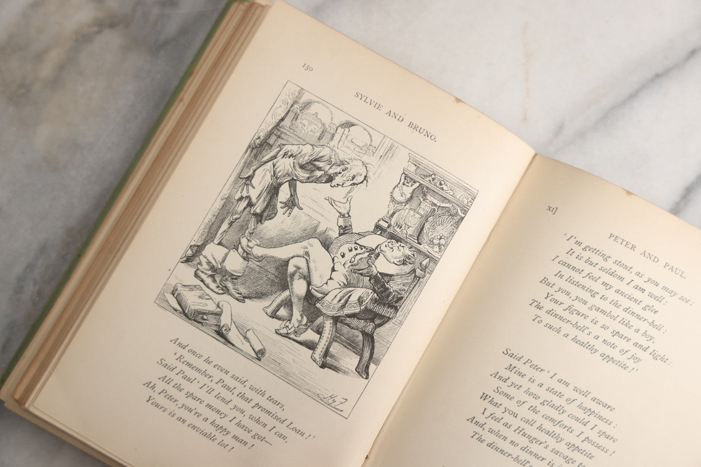 Lot 188 - Pair Of Antique Books, "Sylvie And Bruno" And "Sylvie And Bruno Concluded" By Lewis Carroll, Matching Illustrated Green Cloth Covers With Red And Black Designs, Macmillan And Co., Limited, Publisher, London, 1898