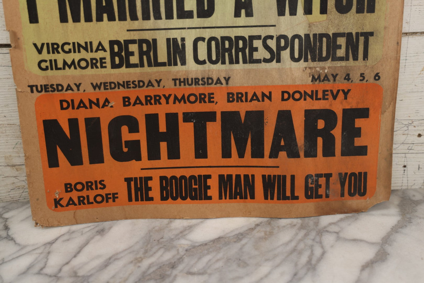 Lot 235 - Vintage Broadside Movie Theater Advertising Poster, Park Theatre, Brockton, Massachusetts, Showing "I Married A Witch," "Nightmare," And Boris Karloff In "The Boogie Man Will Get You," Spring 1943, See Condition Notes 