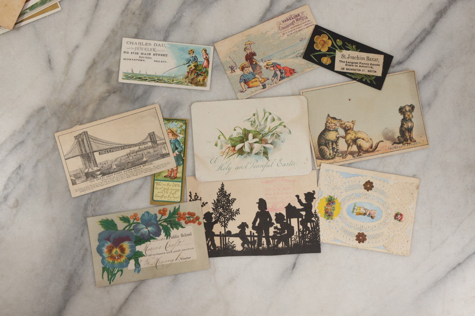 Lot 253 - Grouping Of Approximately 65 Antique Lithgraphed Trade Cards, Including Mechanical Paper Card, Various Advertisements