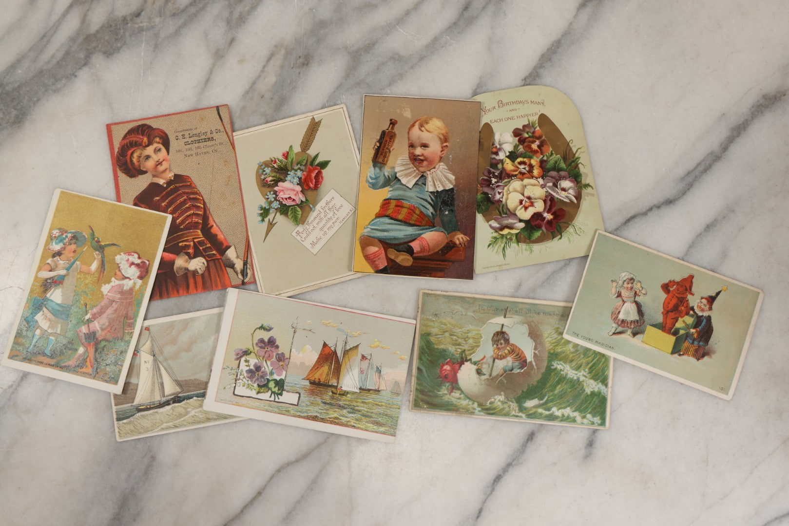 Lot 253 - Grouping Of Approximately 65 Antique Lithgraphed Trade Cards, Including Mechanical Paper Card, Various Advertisements