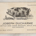 Lot 256 - Single Ephemera Scrap, Business Card For Joseph Ducharme, Cattlers And Hogs Bought, Sold And Exchanged, Manchester, New Hampshire, With Pig Graphic