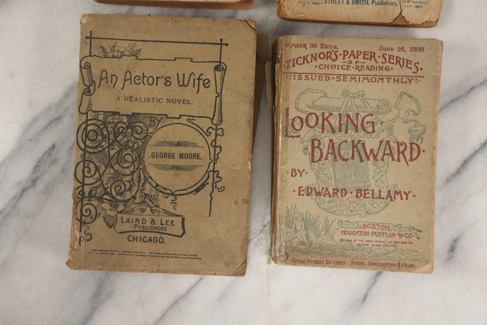 Lot 267 - Lot Of Antique Paperback Novels, "Plain Tales From The Hills" By Rudyard Kipling, "Gentleman Joe's Pan-Out" Log Cabin Library Edition, "An Actor's Wife" By George Moore, And "Looking Backward" By Edward Bellamy