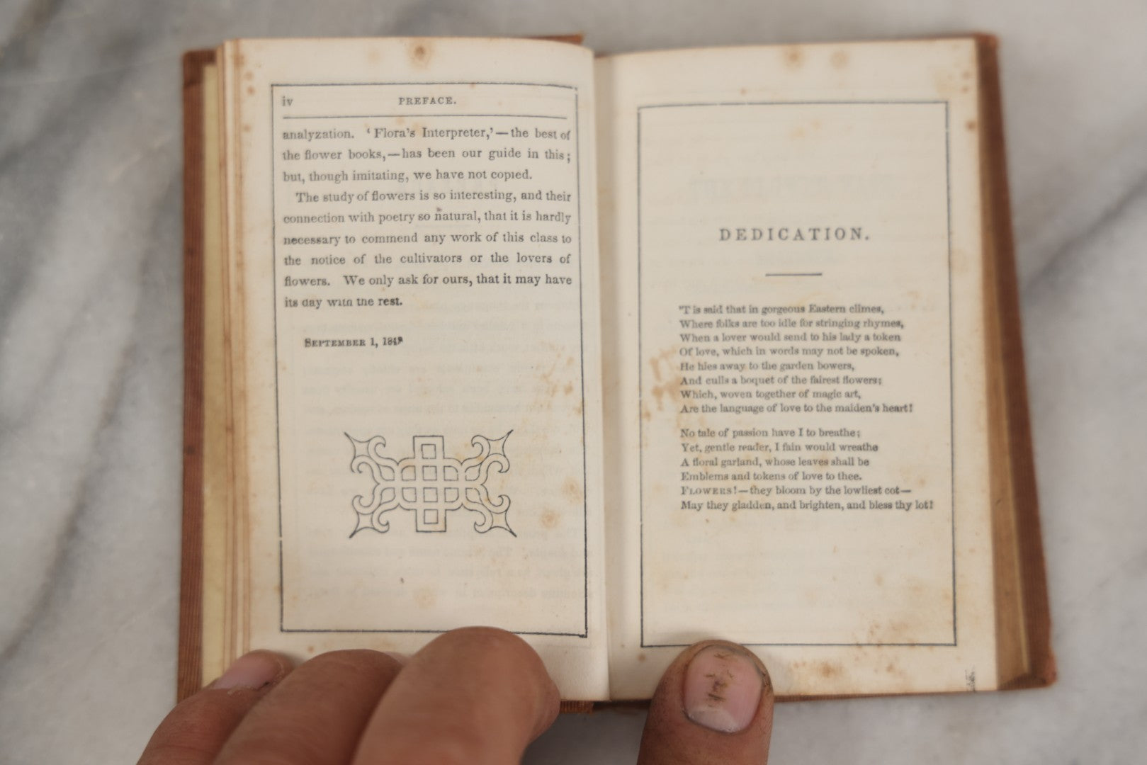 Lot 273 - "The Flower Vase; Containing The Language Of Flowers And Their Poetic Sentiments" Antique Miniature Illustrated Book With Color Frontispiece Of Flower Vase, By Miss S.C. Edgarton, Merrill And Heywood, Publishers, Lowell, Massachusetts, 1848