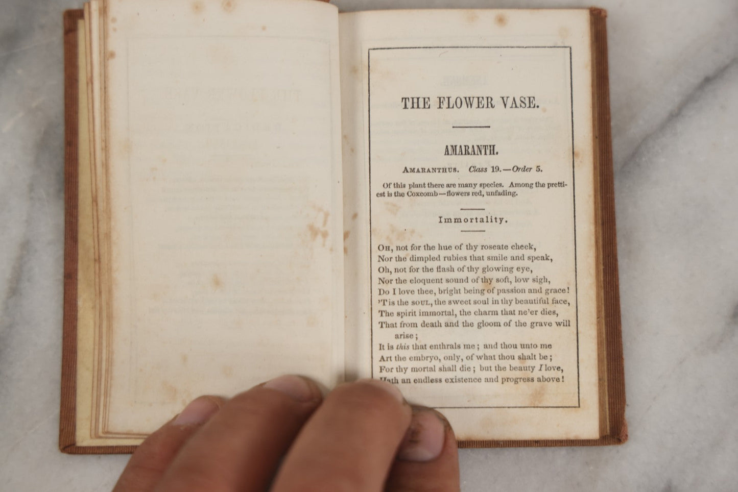 Lot 273 - "The Flower Vase; Containing The Language Of Flowers And Their Poetic Sentiments" Antique Miniature Illustrated Book With Color Frontispiece Of Flower Vase, By Miss S.C. Edgarton, Merrill And Heywood, Publishers, Lowell, Massachusetts, 1848