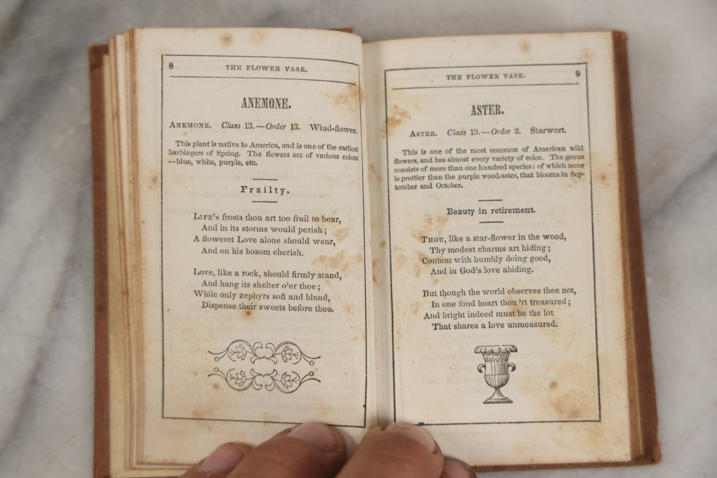 Lot 273 - "The Flower Vase; Containing The Language Of Flowers And Their Poetic Sentiments" Antique Miniature Illustrated Book With Color Frontispiece Of Flower Vase, By Miss S.C. Edgarton, Merrill And Heywood, Publishers, Lowell, Massachusetts, 1848
